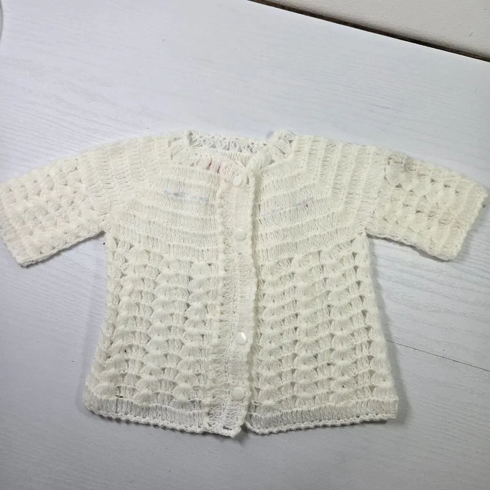 Vintage Clo Knit White Cardigan Baby Sweater Unisex Soft Knitted